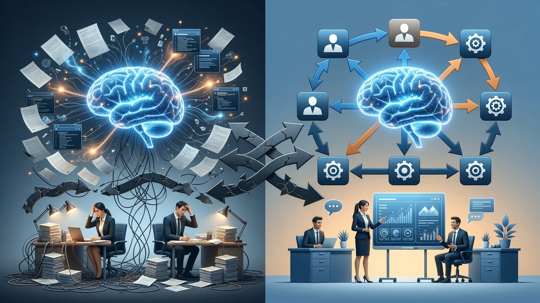 A split-screen illustration. Left side: a sleek, glowing AI brain hovering over a chaotic office floor with papers flying, disconnected systems, and people looking confused. Right side: the same AI brain integrated into a clean, modular workflow with clear handoffs between human and machine tasks. Soft blue and warm amber color palette. Modern corporate editorial style.